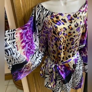 Cache Women’s Silk Top Abstract Print Dolman Sleeve multi colors Purple Size XL